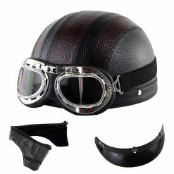Unbranded Casque Harley Moto Demi-visage Casque En Cuir Avec Lunettes Anti-uv 54-60cm